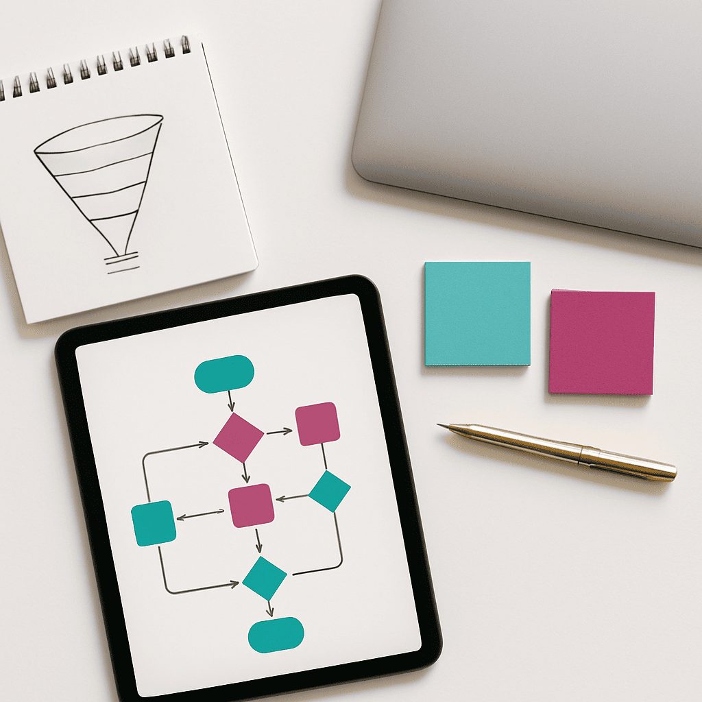 Flat lay of a tablet with a workflow diagram, post-it notes, digital planner, and gold pen — representing backend systems strategy for small businesses.