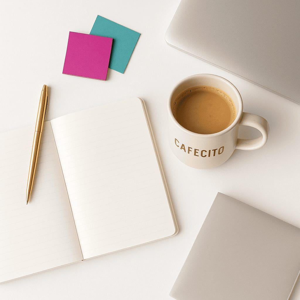 Flat lay of a white desk with a cafecito mug, gold pen, open notebook, and magenta and teal sticky notes — styled for a 1:1 web strategy session.