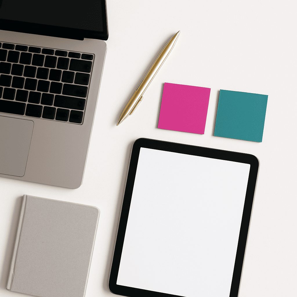 Clean white desk with open laptop, digital tablet, sticky notes in brand colors, and a gold pen — styled for a VIP website strategy day.
