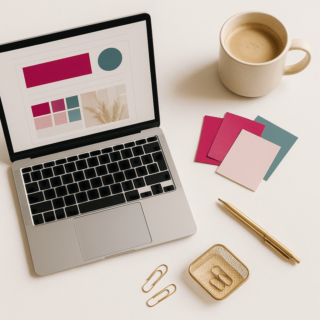 Flat lay featuring a laptop with a homepage mockup, gold pen, and color swatches in blush, magenta, and teal — representing custom website build and business strategy.