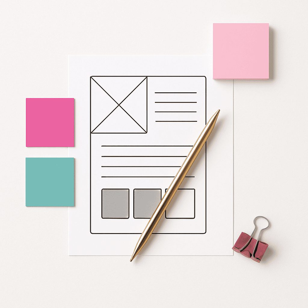 Flat lay of a printed web page wireframe with sticky notes and a gold pen, styled for a website audit and conversion strategy session.